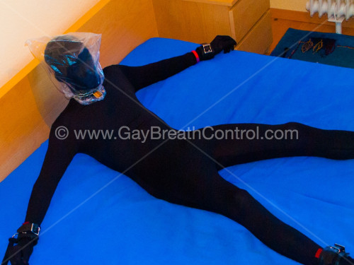 Bagged and Breath Controlled EmoBCSMSlave in his Catsuit - 2 -