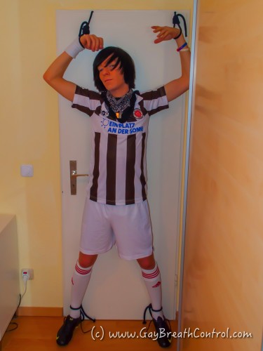 Gas Masked Soccer Kit Emo Tied Up to the Door