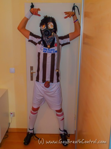 Gas Masked Soccer Kit Emo Tied Up to the Door