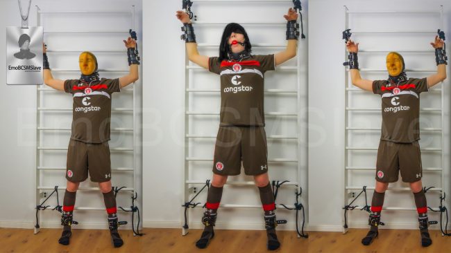 Soccer EmoBCSMSlave tied to wall bars and vacuum mask pass out