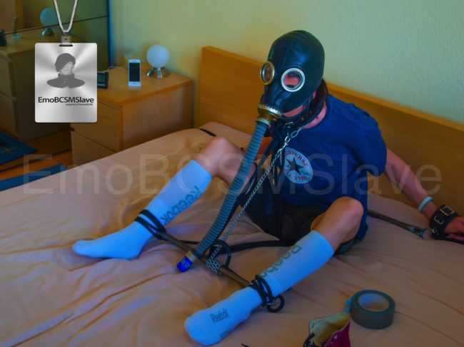 EmoBCSMSlave Gas Masked Tied at Metal Rod and Breath Controlled w/ Poppers